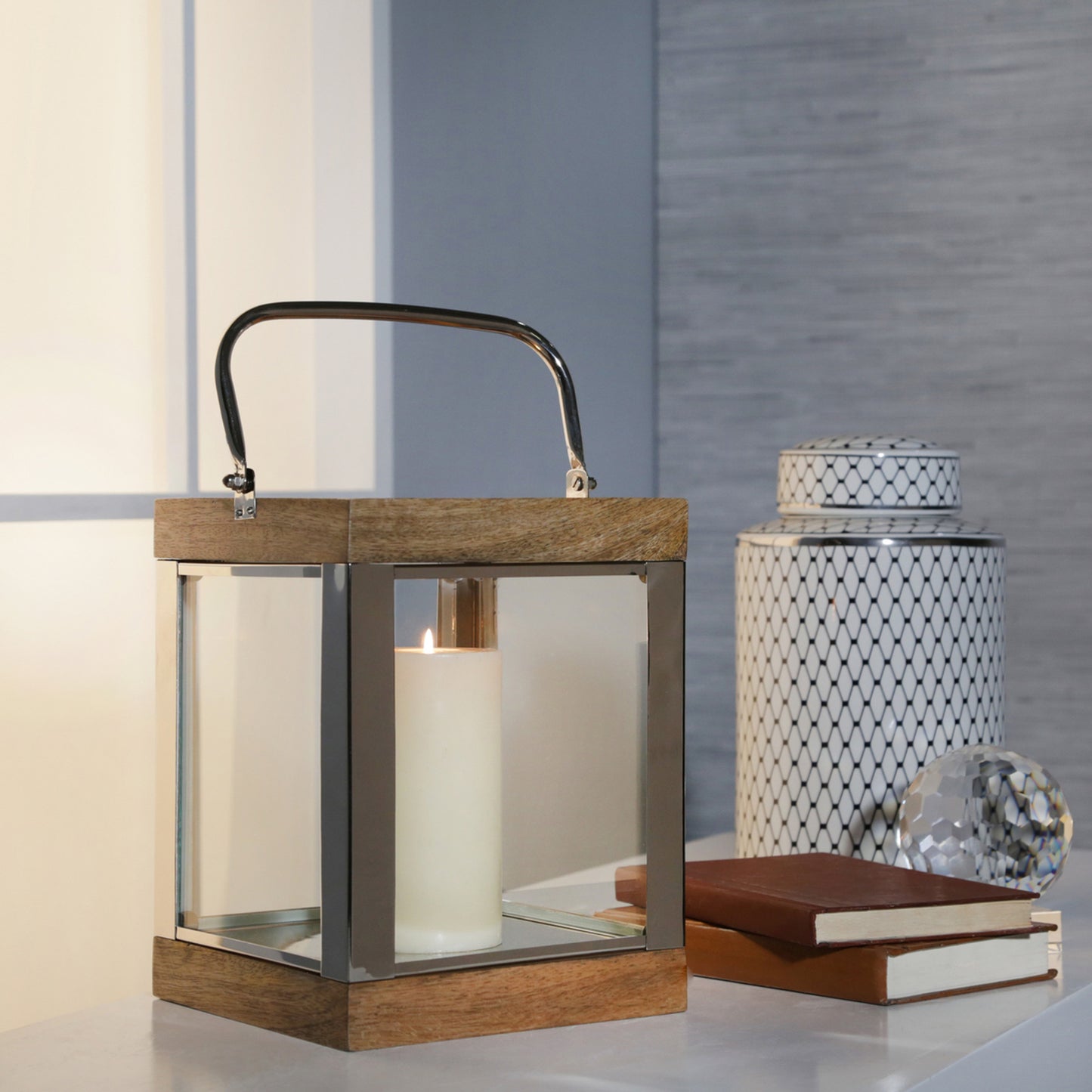 Derby Metal / Wood 10" Lantern, Silver