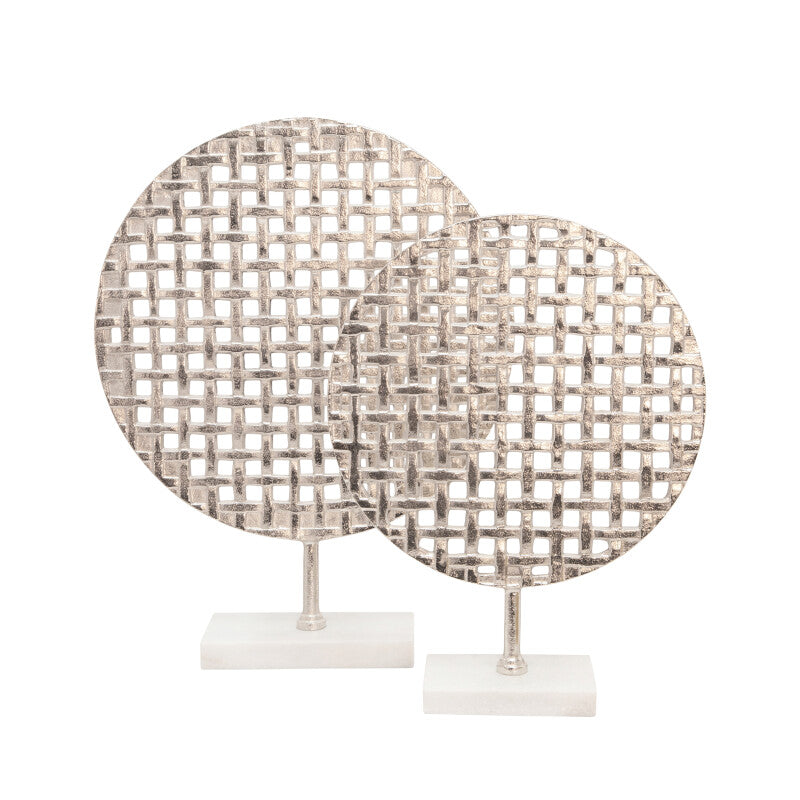 21" Metal Round Mesh Deco On Marble Base, Silver