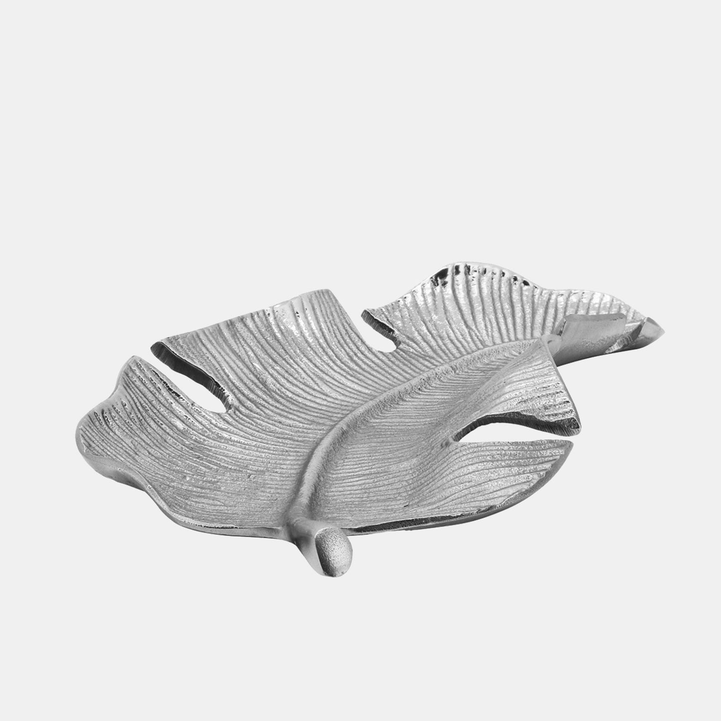 13" Metal Tropical Leaf Tray, Silver