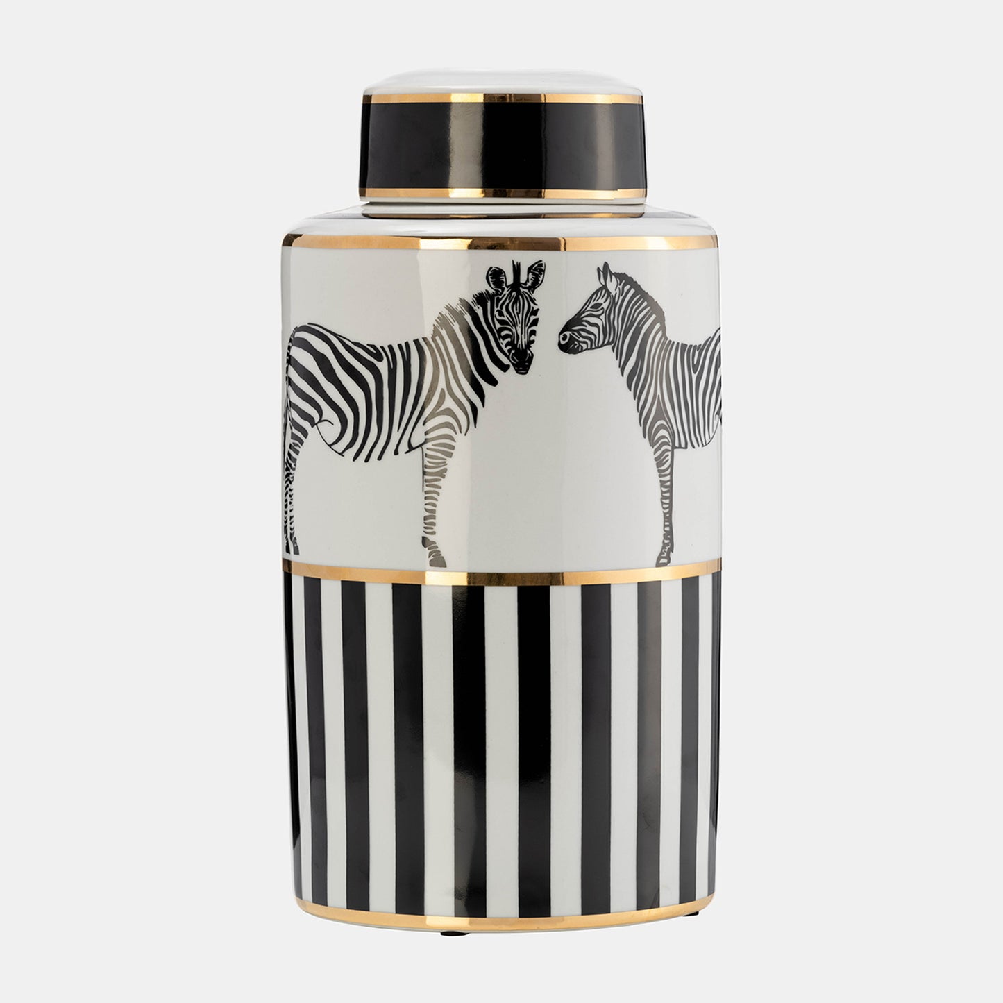 Zebra Ceramic Jar 16"H with Lid, White and Gold