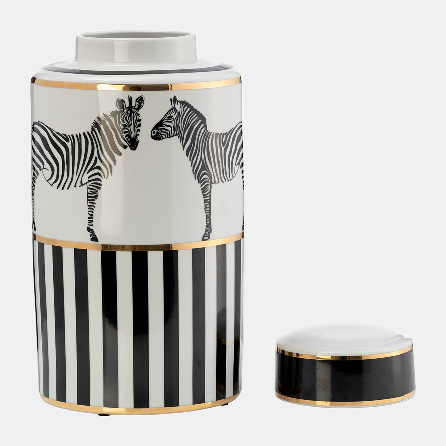 Zebra Ceramic Jar 16"H with Lid, White and Gold