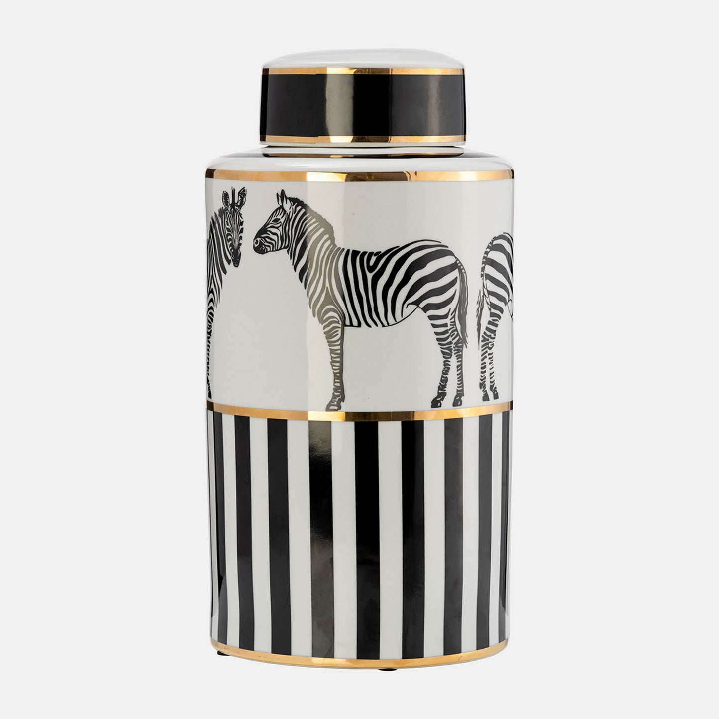 Zebra Ceramic Jar 16"H with Lid, White and Gold