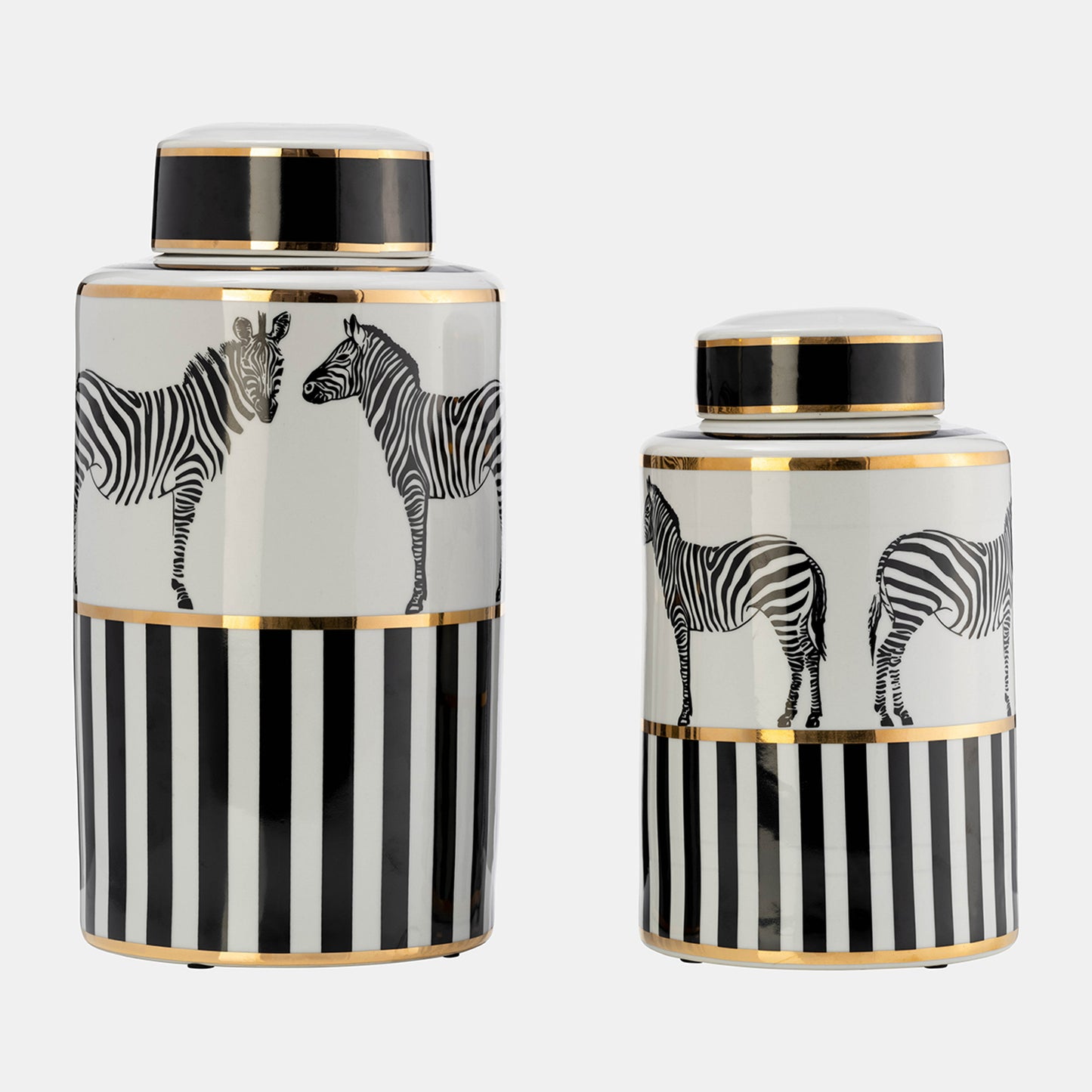 Zebra Ceramic Jar 16"H with Lid, White and Gold