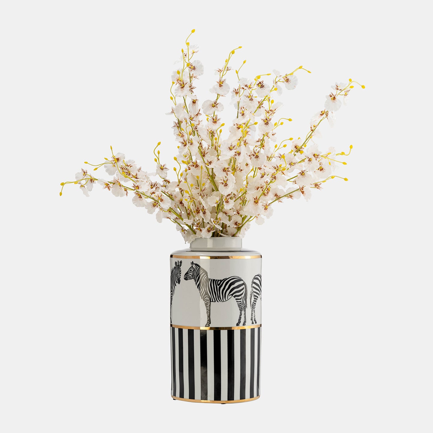 Zebra Ceramic Jar 16"H with Lid, White and Gold