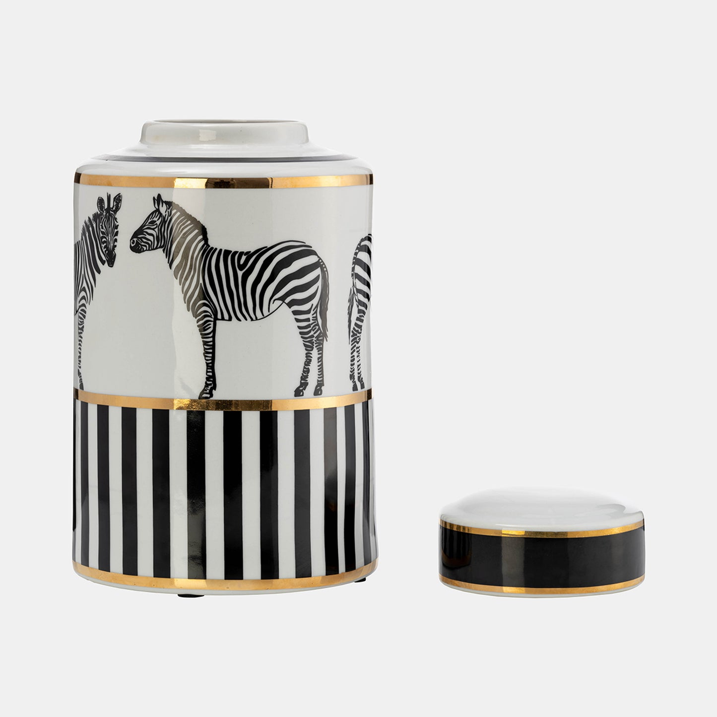 Zebra Ceramic Jar 12"H with Lid, White and Gold