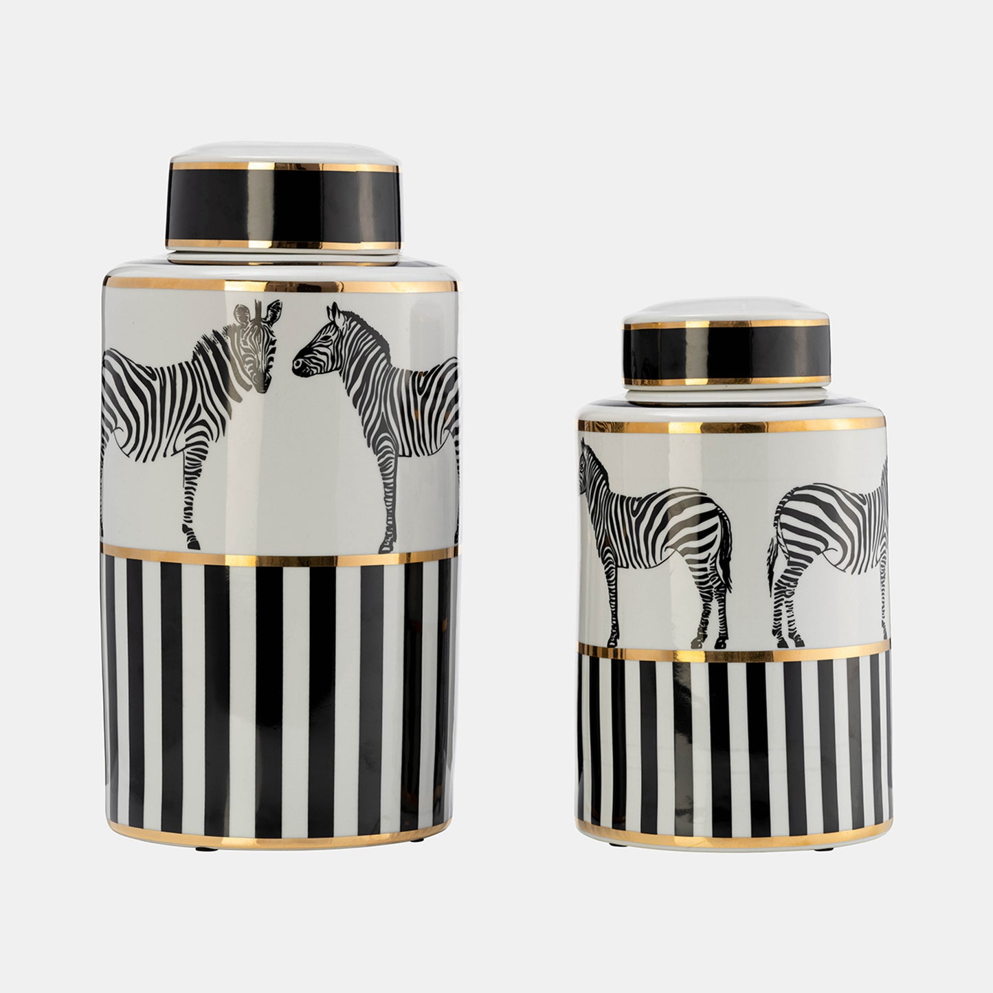 Zebra Ceramic Jar 12"H with Lid, White and Gold