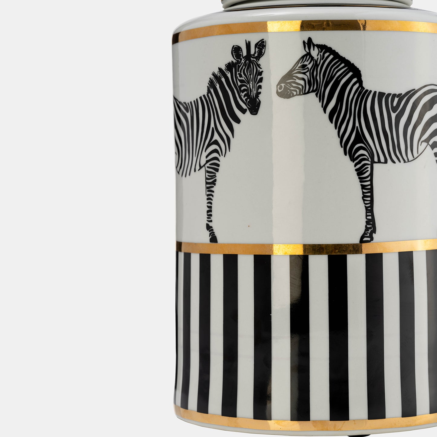 Zebra Ceramic Jar 12"H with Lid, White and Gold