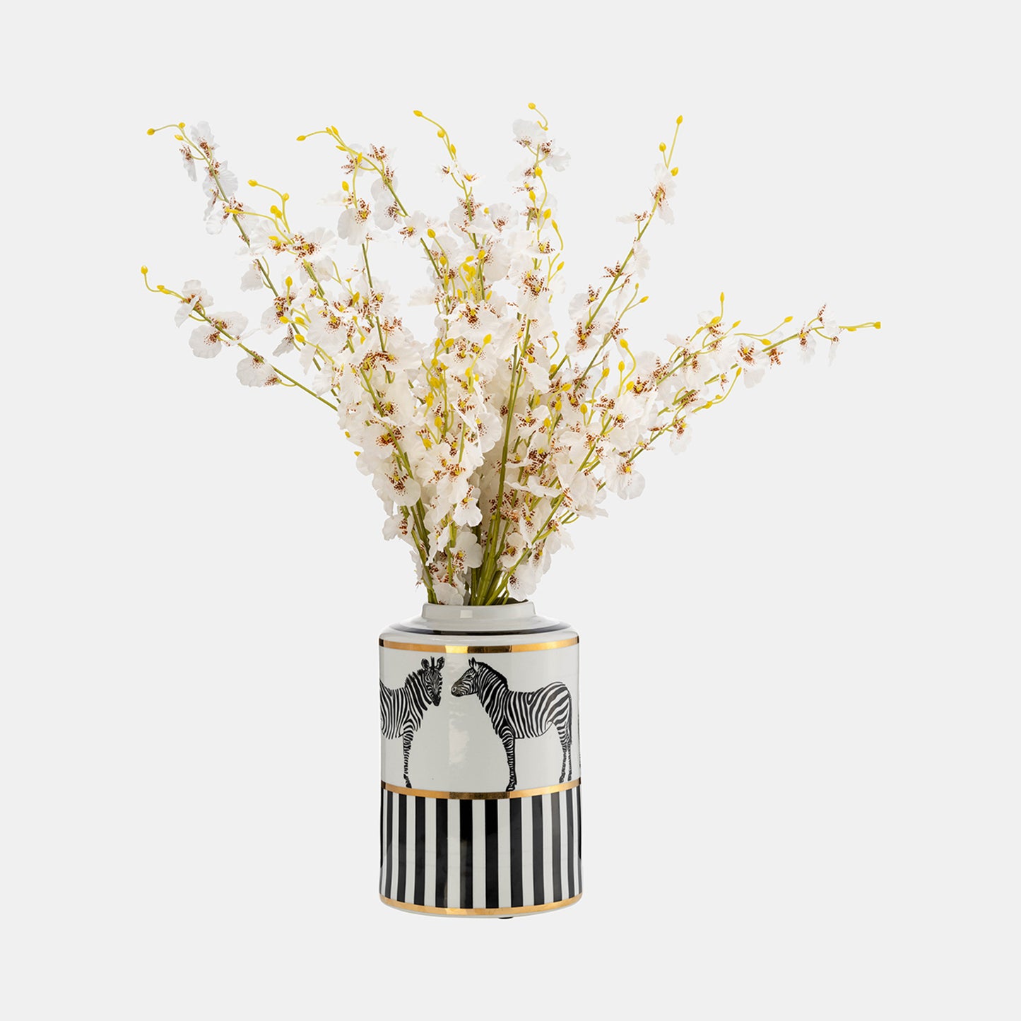 Zebra Ceramic Jar 12"H with Lid, White and Gold