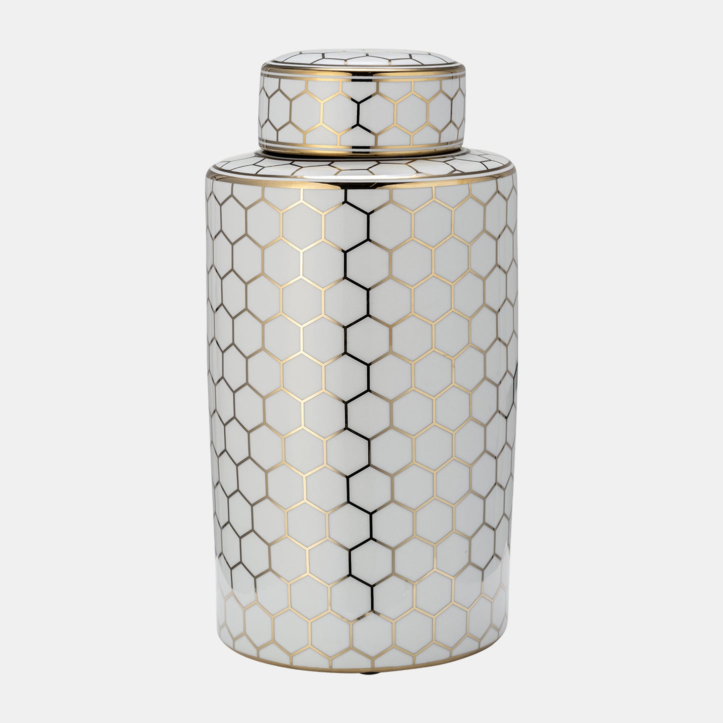 16" Cer, Honeycomb Jar W/ Lid, Gold