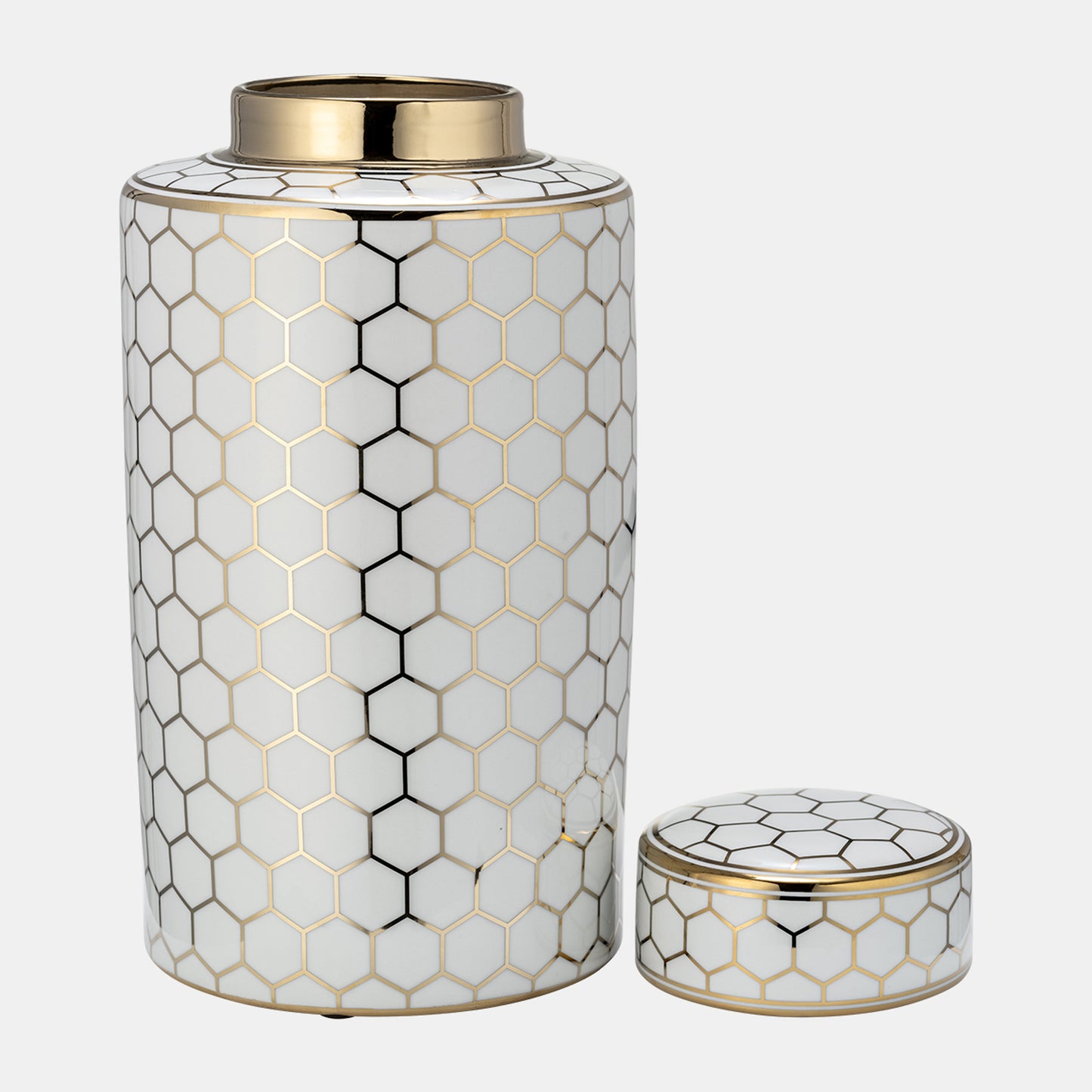 16" Cer, Honeycomb Jar W/ Lid, Gold
