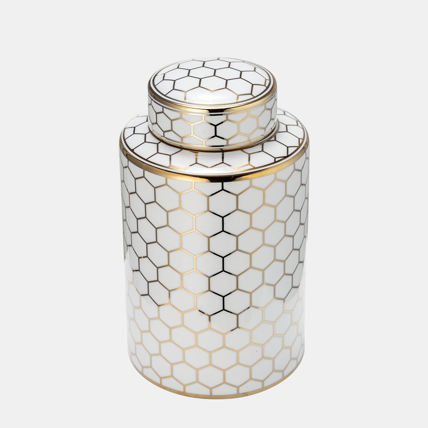 12" Cer, Honeycomb Jar W/ Lid, Gold