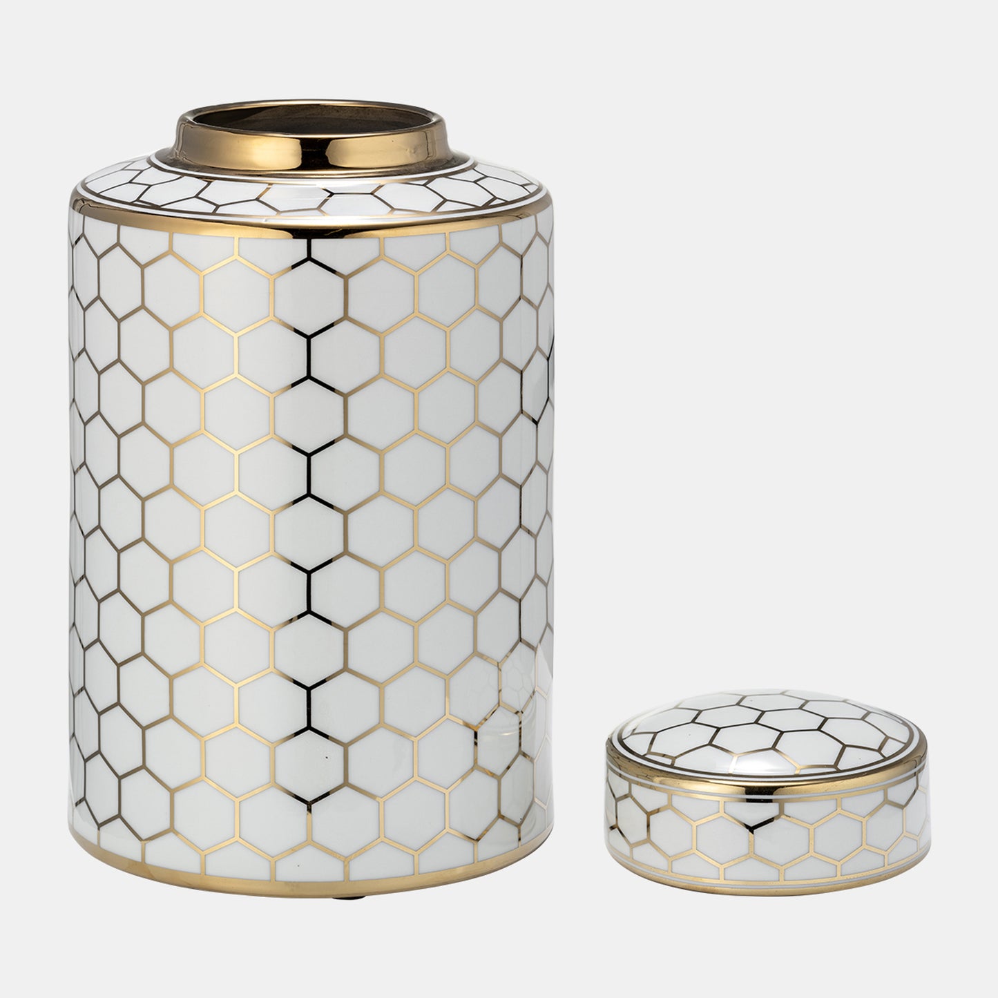 12" Cer, Honeycomb Jar W/ Lid, Gold