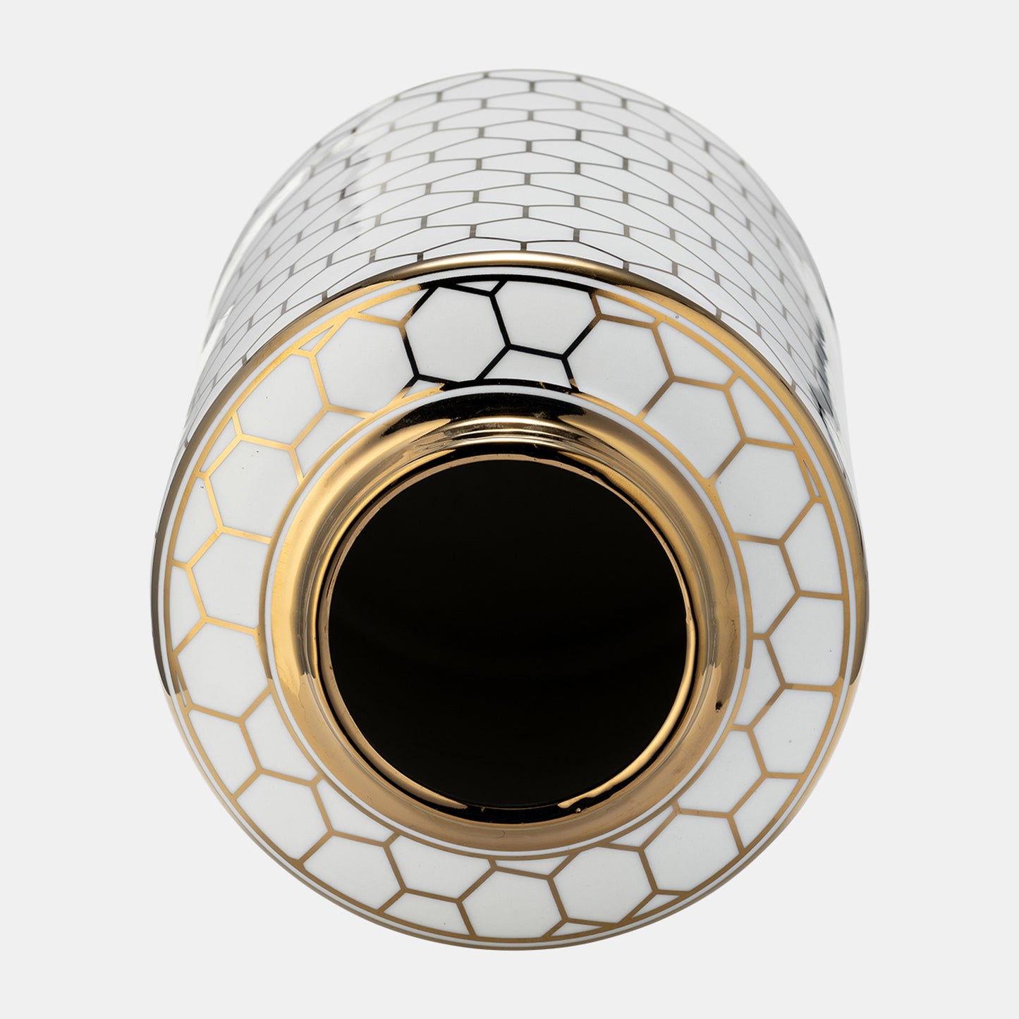 12" Cer, Honeycomb Jar W/ Lid, Gold