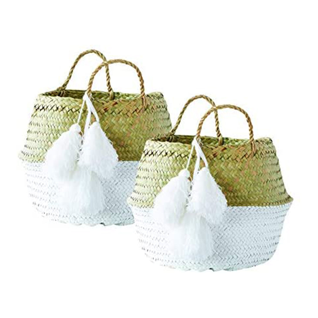 Painted Palm Leaf Collapsible Basket, White Tassel
