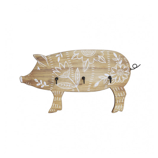 Jan Mdf Decor, Pig with 3 Metal Hooks, White Floral Design