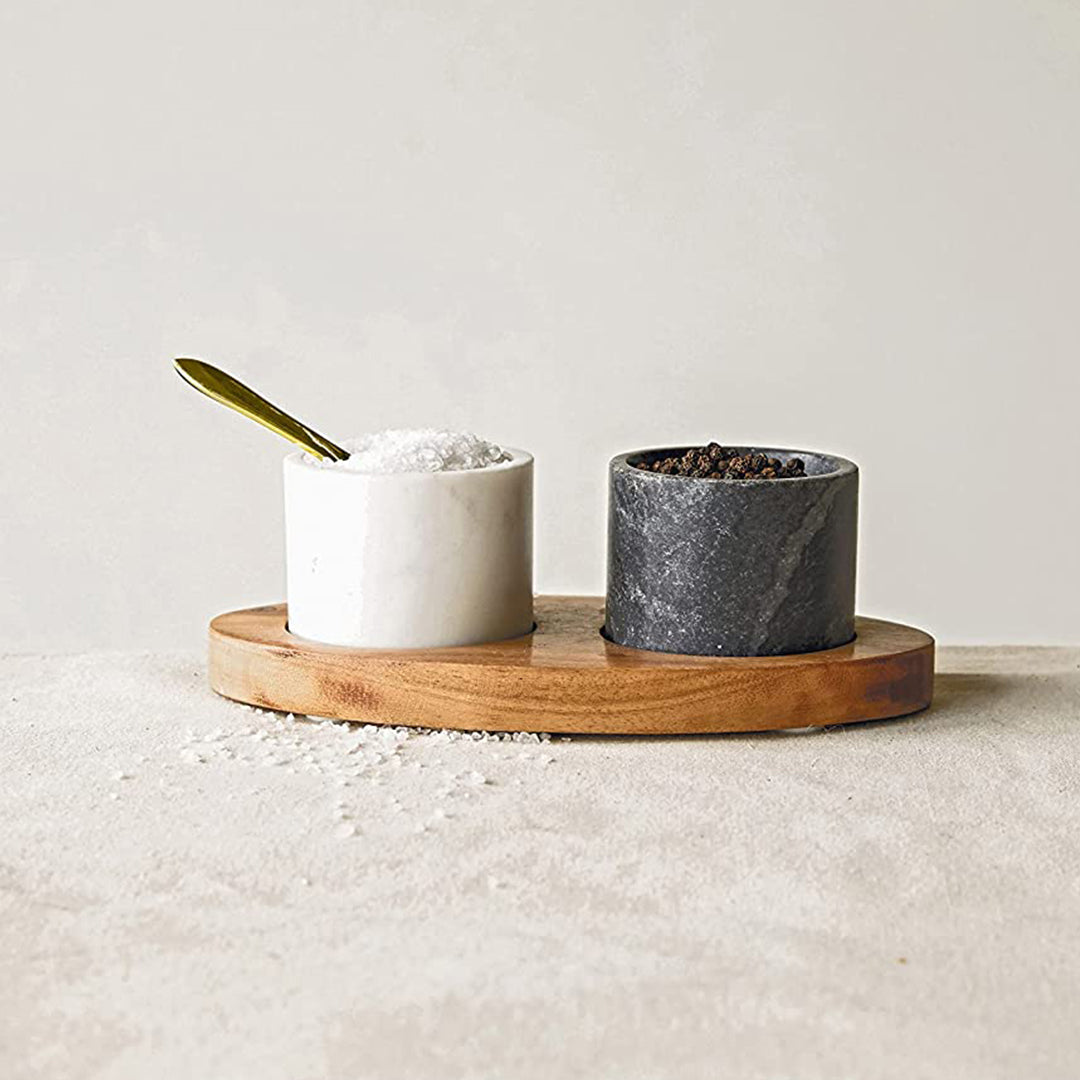 Mango Wood Tray with 2 Marble Bowls & Brass Spoon - White & Black (Set of 4)