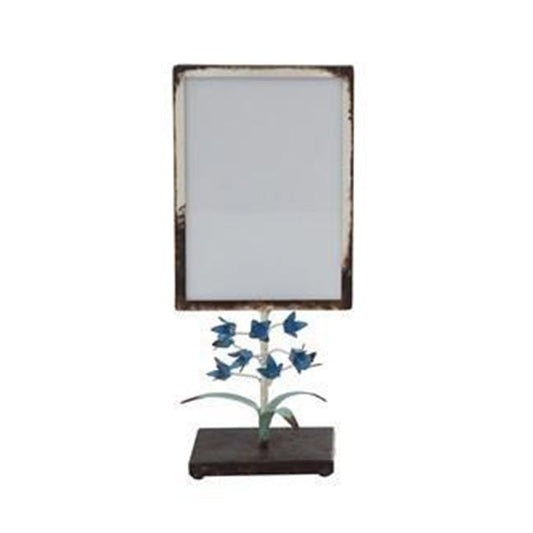 Metal Photo Frame with Tole Flowers on Stand, Blue