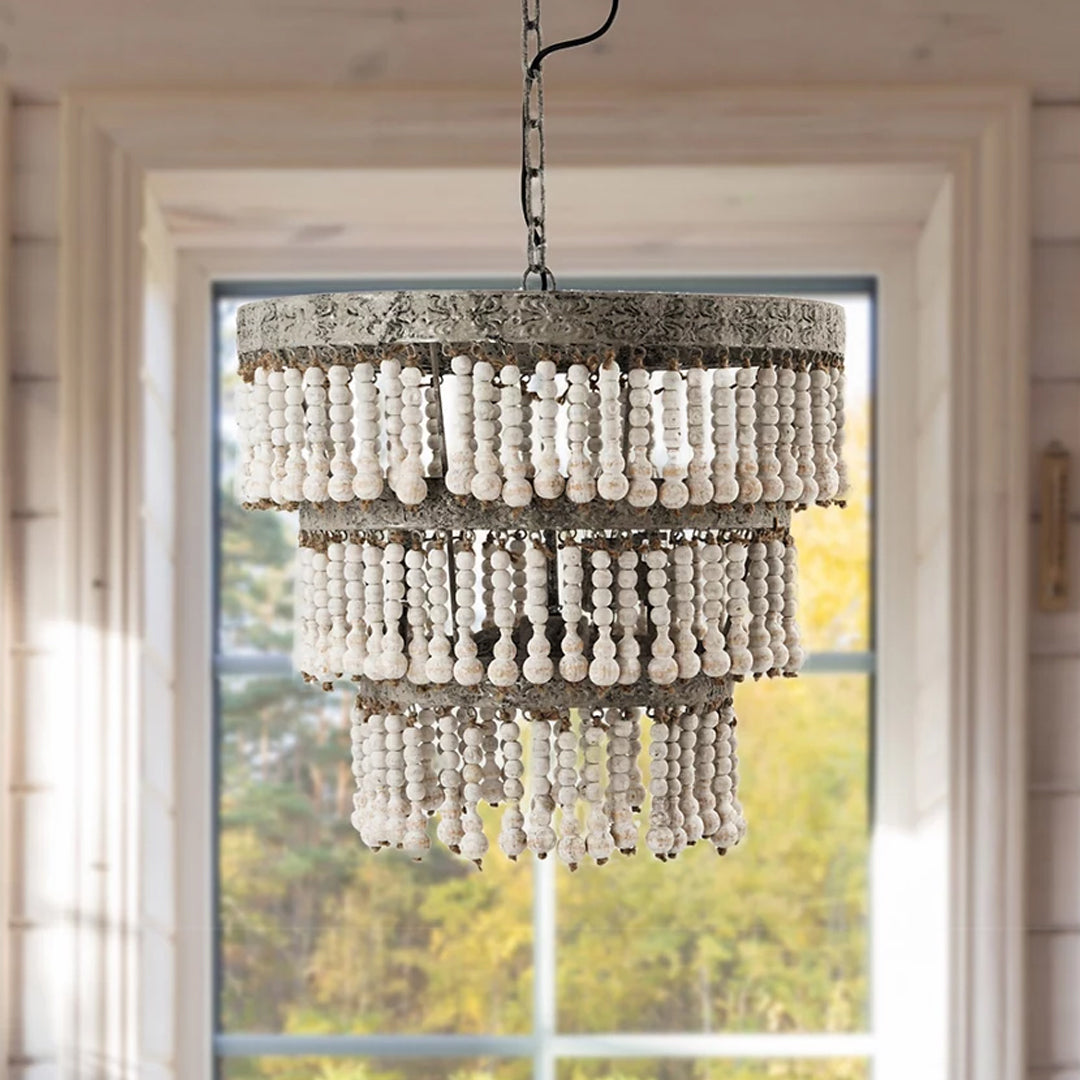Metal & Wood Beaded Chandelier with 3 Lights