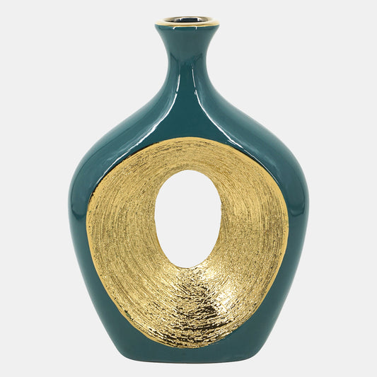 13"h Cer,  2-tone Scratched Oval Vase