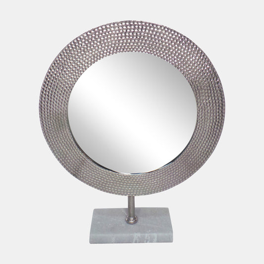 21" Metal Hammered Mirror On Stand, Silver