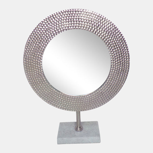 19" Metal Hammered Mirror On Stand, Silver
