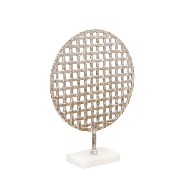 18" Metal Round Mesh Deco On Marble Base, Silver