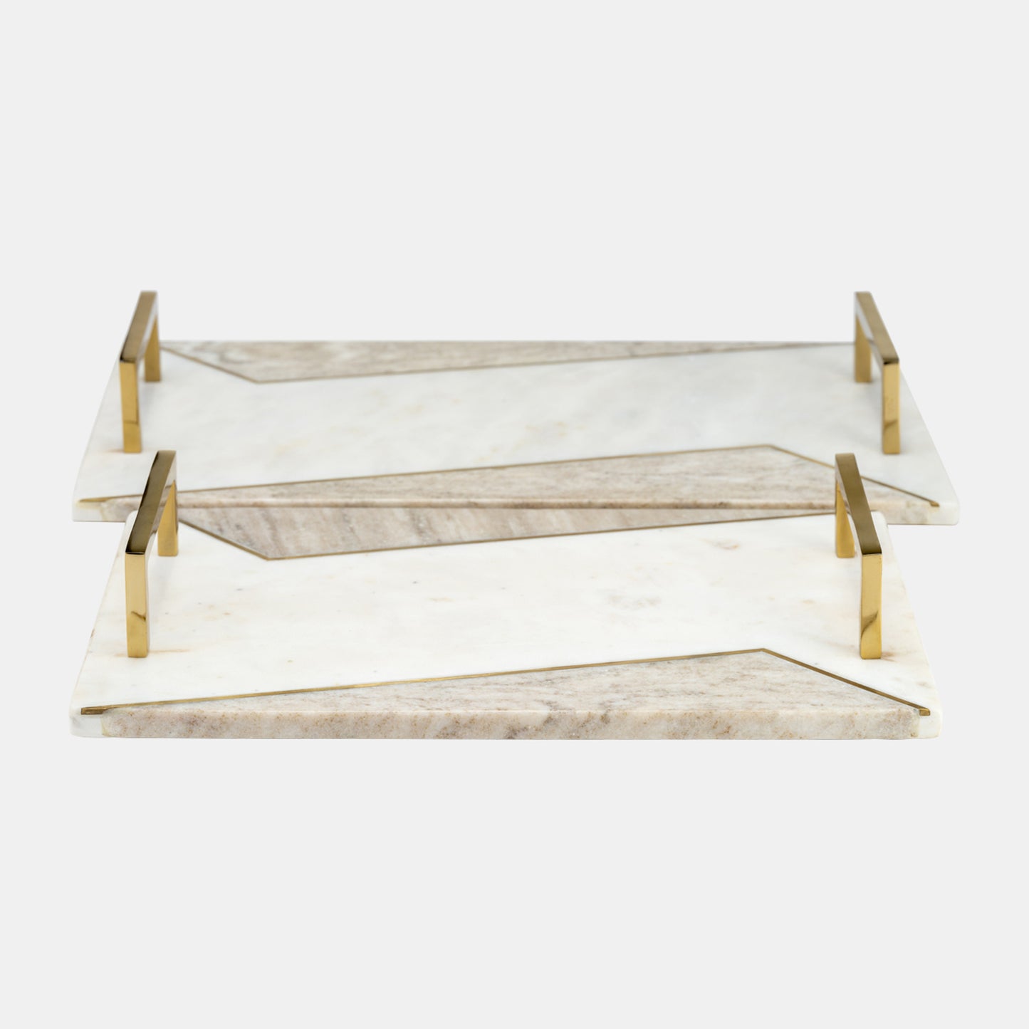 15/18"l Marble, S/2 2-tone Trays W/ Handle, White