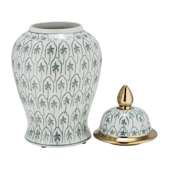 Ceramic 14"H Temple Jar, Green/Gold