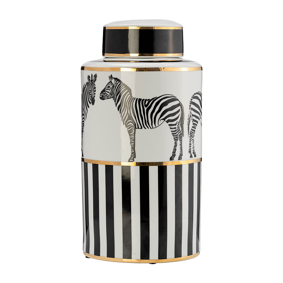 Zebra Ceramic Jar 16"H with Lid, White and Gold