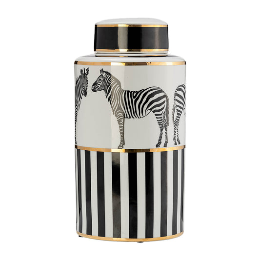 Zebra Ceramic Jar 16"H with Lid, White and Gold