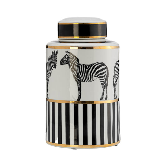 Zebra Ceramic Jar 12"H with Lid, White and Gold