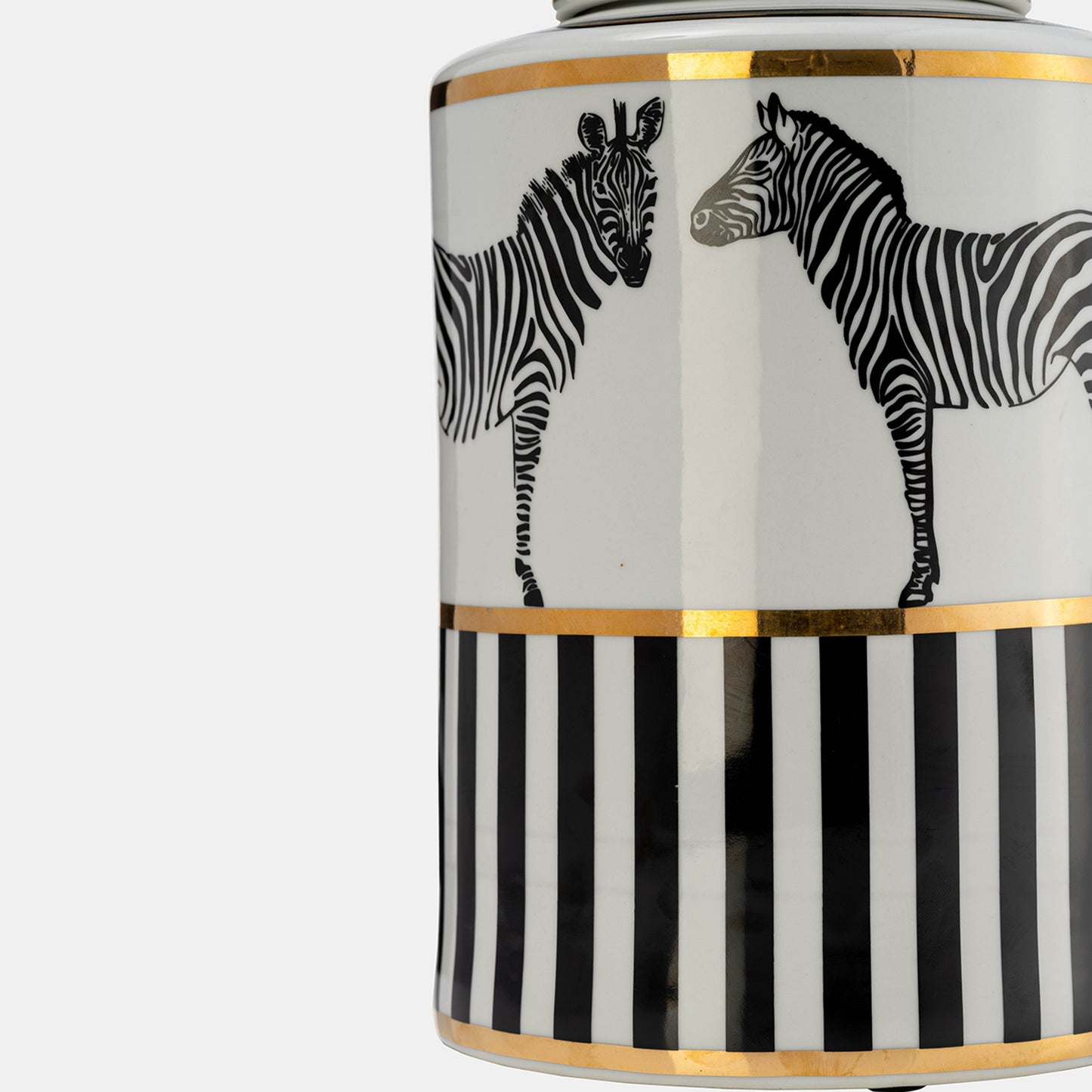 12"h Ceramic Zebra Jar W/ Lid, White/gold