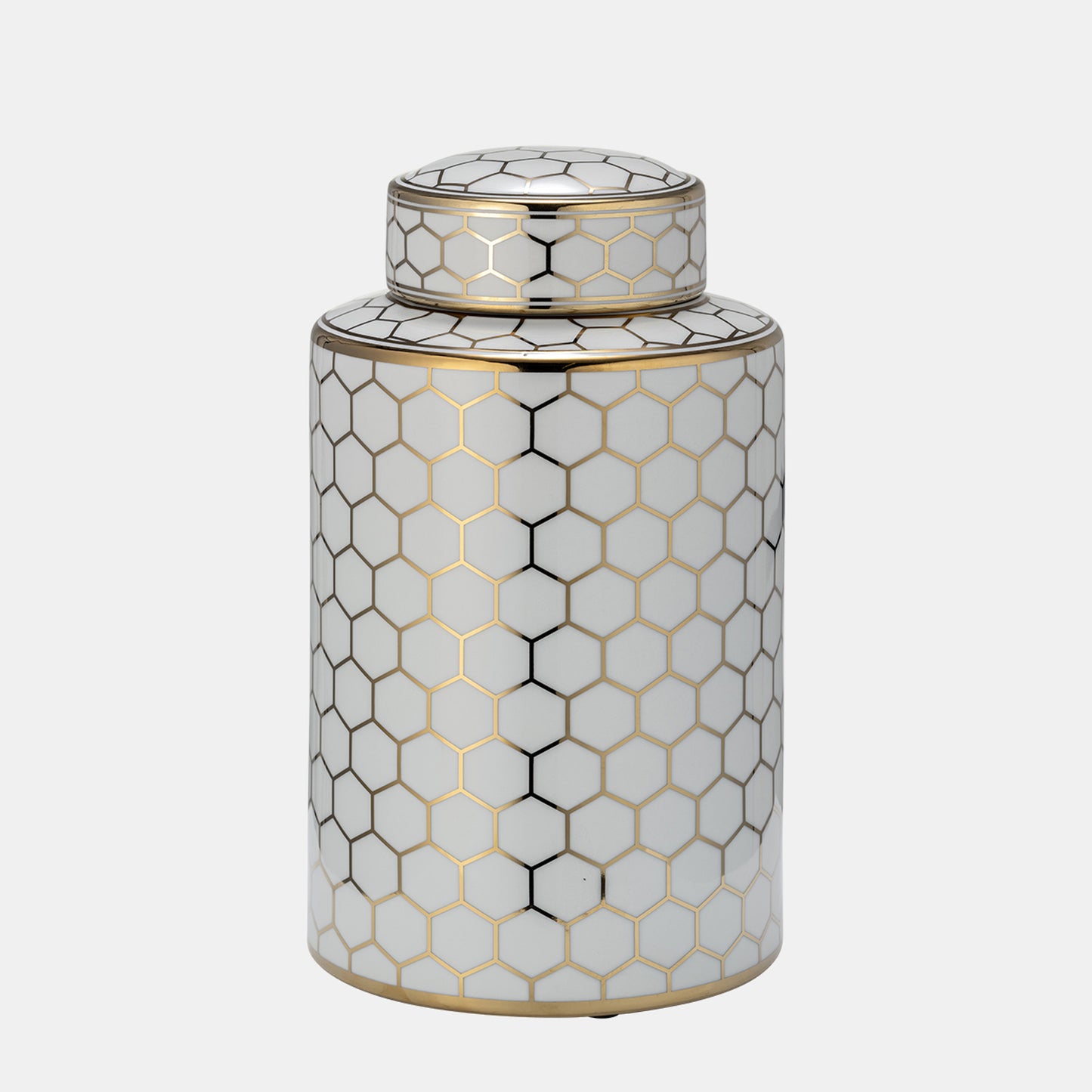 12" Cer,  Honeycomb Jar W/ Lid, Gold