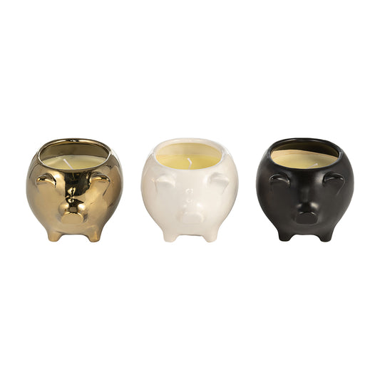 Pig Soy Scented Candle Gold, Black, and White, Set Of 3