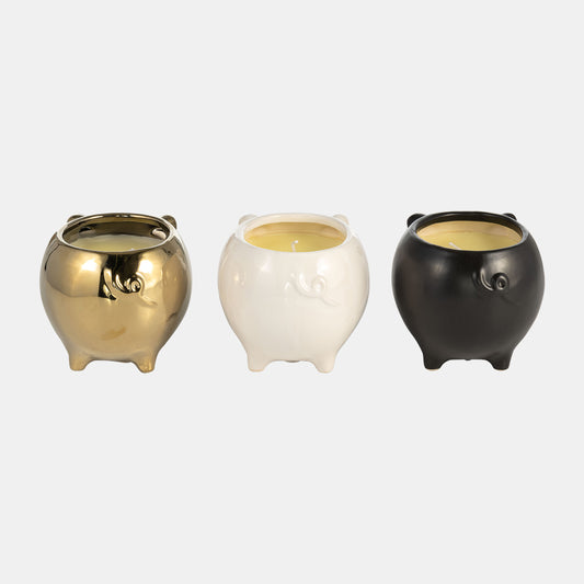7" 9oz Pig Soy Scented Candle, gld/blk/wht Set Of 3
