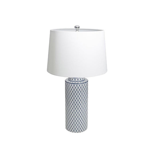 Stoneware Table Lamp Lattice Pattern, Indigo White