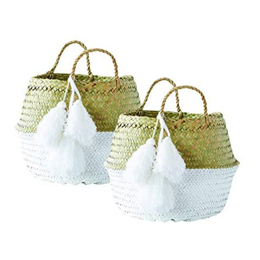 Painted Palm Leaf Collapsible Basket, White Tassel
