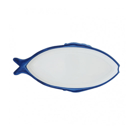 Enameled Fish Tray, White And Blue