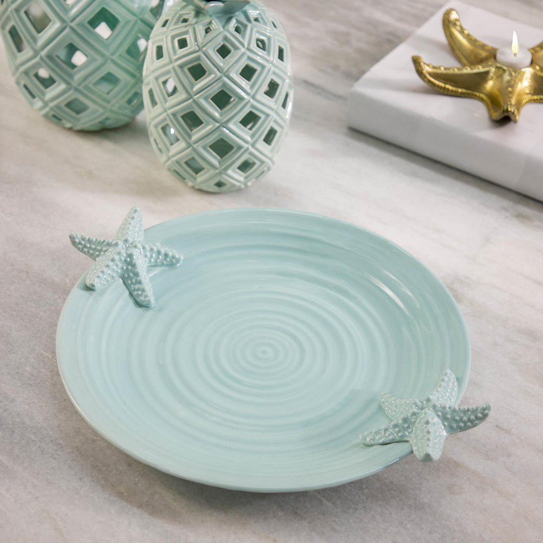 Hawes 14" Decorative Plate with Starfish in Light Blue
