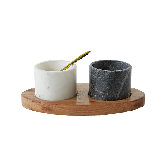 Mango Wood Tray with 2 Marble Bowls & Brass Spoon - White & Black (Set of 4)