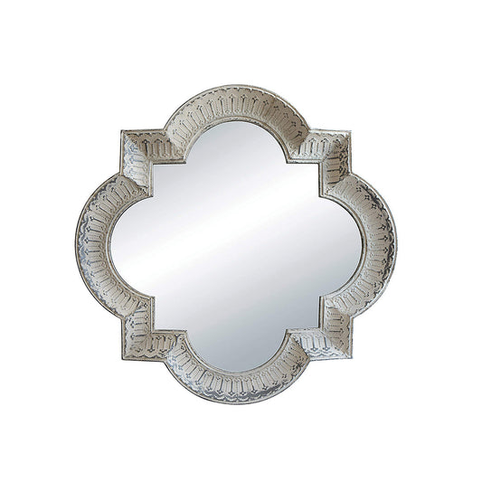 Metal Framed Quatrefoil Mirror, Distressed White Finish