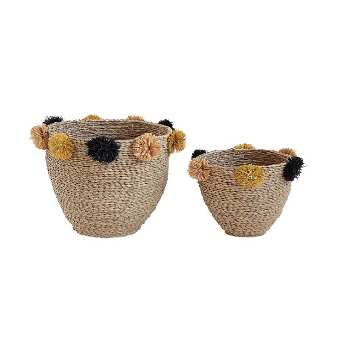 Natural Seagrass Baskets with Yellow & Black Pom Poms (Set of 2)