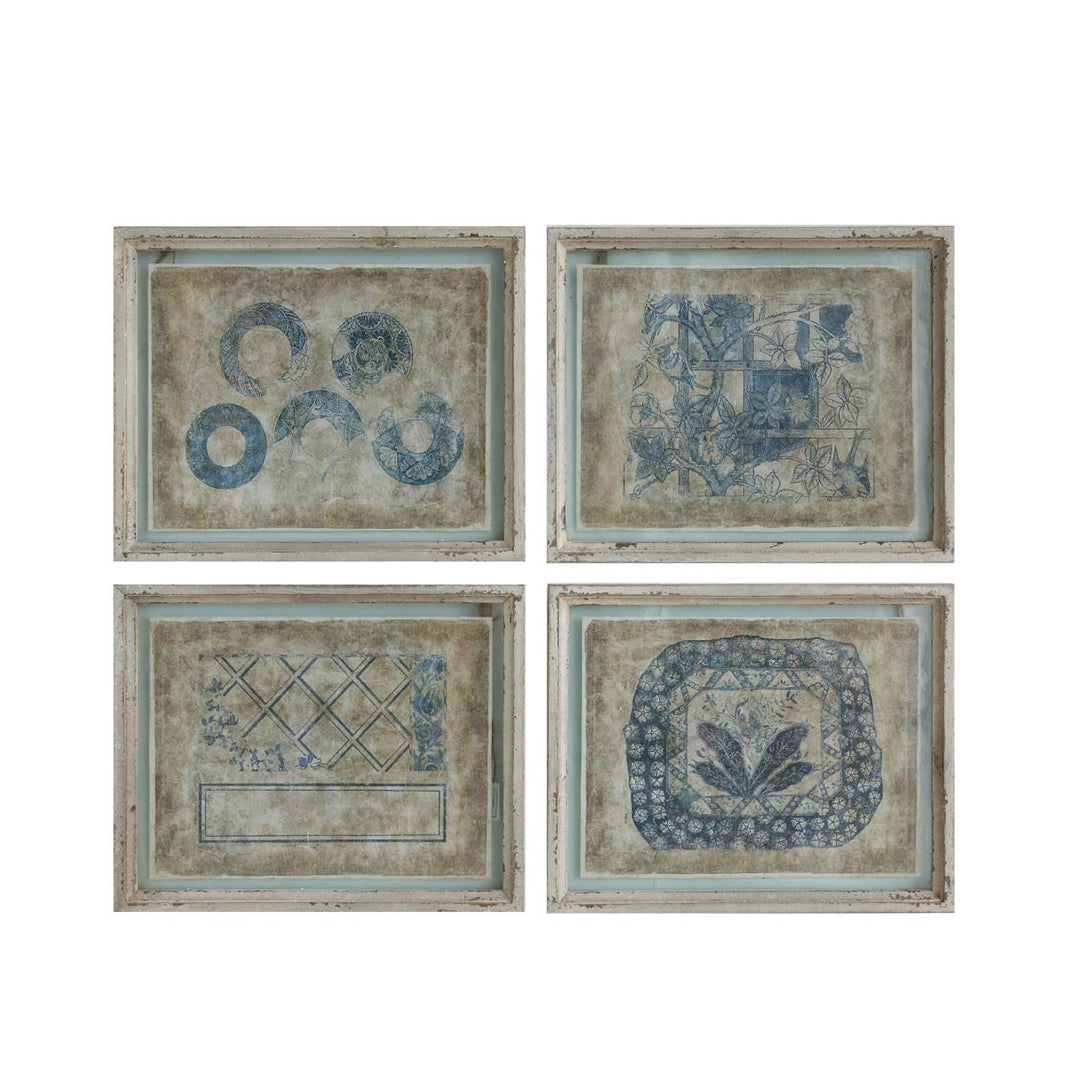 Wood Framed Wall Decor with Antiqued Vintage Reproduction Print Art, Distressed Finish (4 Styles)